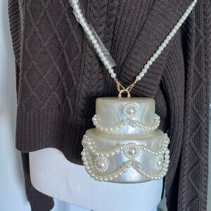 Cake shaped clutch purse with pearl crossbody strap - perfect for brides